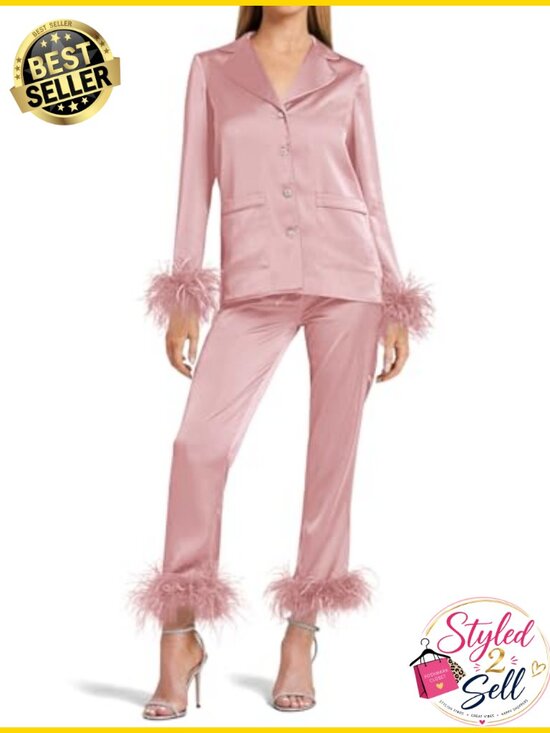 Other - Silk Satin Pajama Set Feather Trim Long Sleeve Lounge Bridal Gift